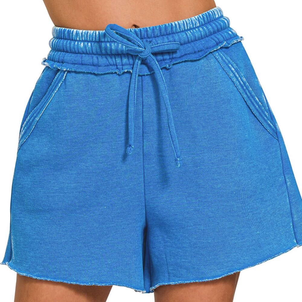 NWT Ladies Ocean Blue Acid Wash Fleece Drawstring Shorts with Pockets